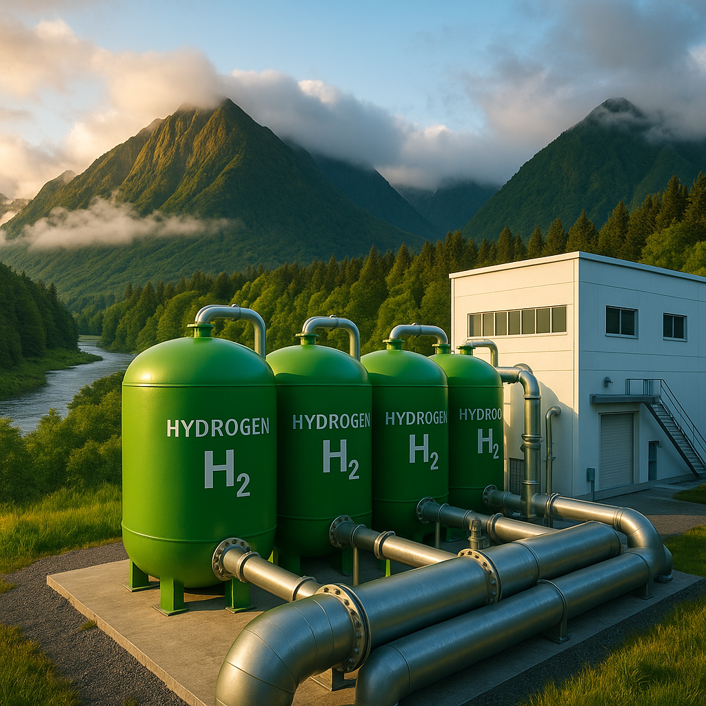 Industrial hydrogen production facility with storage tanks and pipelines